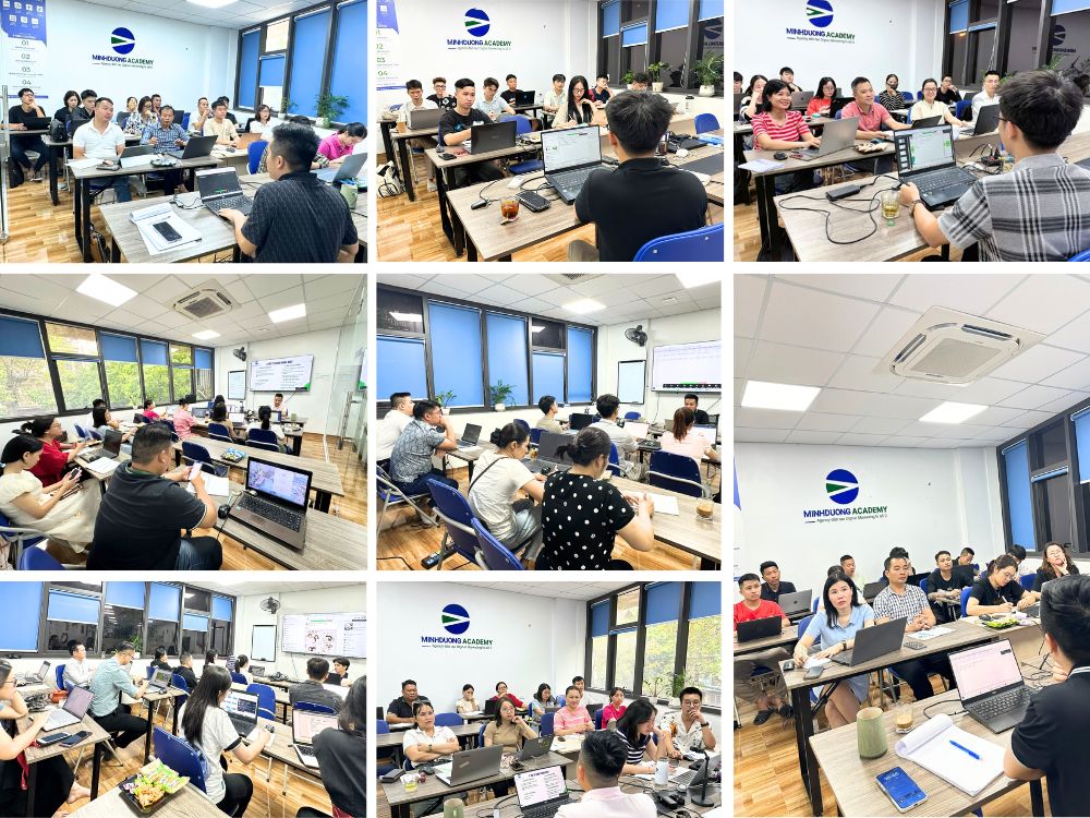 Hình ảnh lớp học Facebook Ads thực chiến tại Minh Dương Academy với học viên thực hành trực tiếp