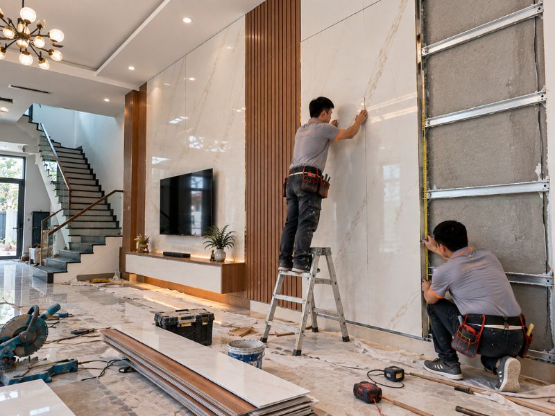 Thi công ốp tường Nano phòng khách